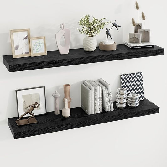 Dreamland 48 Inch Long Floating Shelves in Black,9.3 Inch Deep Floating Shelf for Wall,Large Display & Storage Shelf, Wall Shelf for Bathroom Bedroom Living Room Kitchen Office，Set of 2