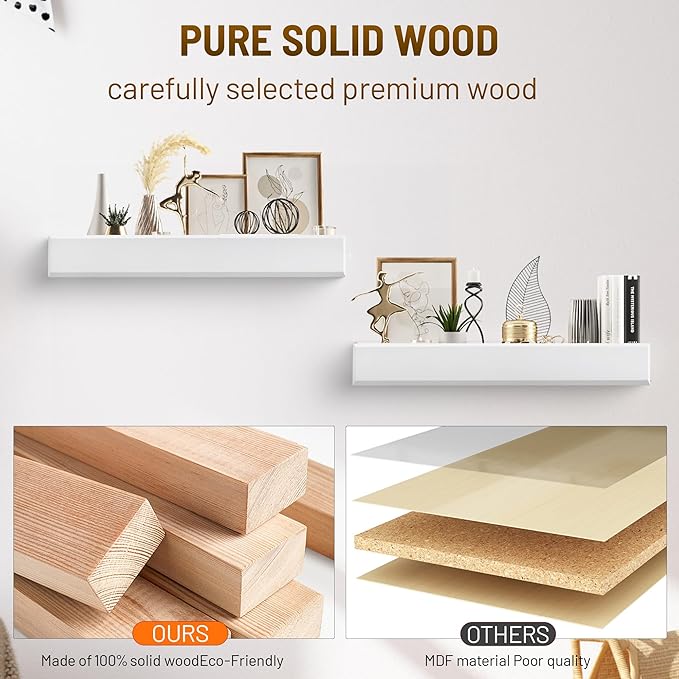 24 Inch Picture Ledge Shelf with Lip,Floating Shelves for Wall, Set of 2 Solid Pine Wood Shelves with Invisible Brackets, Wall Storage for Living Room, Bedroom, Kitchen, Bathroom(White)