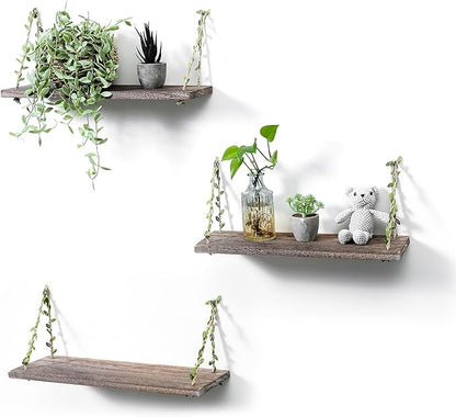 MITIME Leaf Rope Hanging Floating Shelves, Wall Swing Storage Shelf for Home Decor.17, 3-Pack (Retro Color)