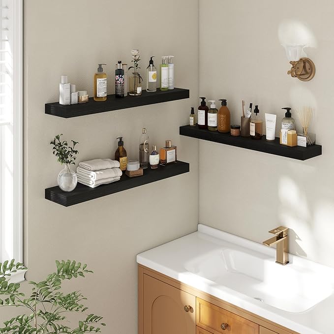 32 Inch Floating Shelves | 6.5 Inch Deep Black Floating Shelves Set of 2 | 32