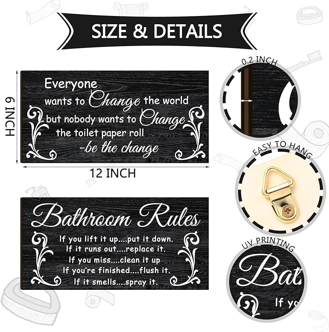 Jetec 2 Pieces Funny Bathroom Signs Bathroom Wall Decor Toilet Wall Accessories Farmhouse Toilet Rustic Wooden Signs, 12x6 Inch(Dark Style)