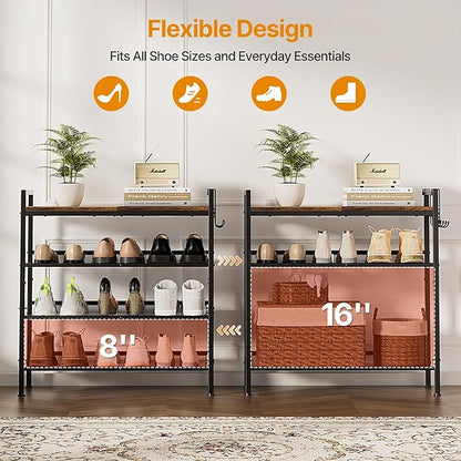4 Tier Shoe Rack, Shoe Rack for Front Door Entrance with Hook, Shoe Organizer with Adjustable Mesh Shelves, Metal Shoe Rack for Entryway, Closet, Bedroom Living Room Garage