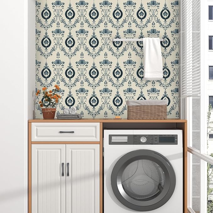Blue Floral Wallpaper Peel and Stick Vintage Damask Contact Paper 17.5"X118" Vinyl Waterproof Self Adhesive Removable Light Blue Scroll Traditional Style Wall Paper for Bedroom Living Room Cabinets