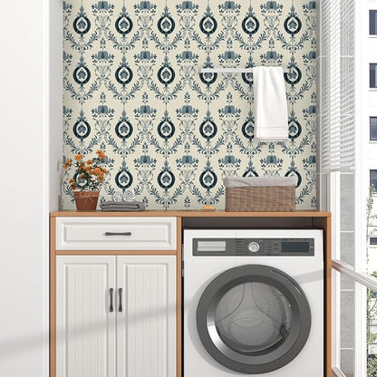 Blue Floral Wallpaper Peel and Stick Vintage Damask Contact Paper 17.5"X118" Vinyl Waterproof Self Adhesive Removable Light Blue Scroll Traditional Style Wall Paper for Bedroom Living Room Cabinets