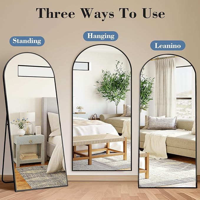 DUMOS Arched Full Length Mirror with Stand Floor Standing Aluminum Frame for Bedroom Body Hanging Leaning Modern Simple Home Decor Shatter-Proorf Nano Glass Wall Living Room Cloakroom Black 65