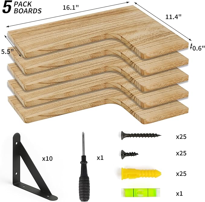 Fixwal Floating Shelves for Wall, Rustic Wood Wall Mounted Corner Shelf for Bathroom, Kitchen, Bedroom, Home Decor, Laundry Room, Living Room, Set of 5 (Carbonized Black)