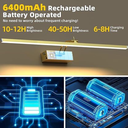 4 Pack Picture Lights for Wall, 23in Art Lighting for Paintings Cordless, 6400mAh Rechargeable Battery Operated Picture Light with Remote Dimmable and Timer for Artwork, Gallery, Display, Gold