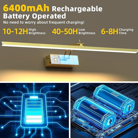 4 Pack Picture Lights for Wall, 23in Art Lighting for Paintings Cordless, 6400mAh Rechargeable Battery Operated Picture Light with Remote Dimmable and Timer for Artwork, Gallery, Display, Gold