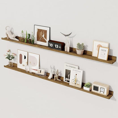 Axeman Floating Shelves | Picture Ledge Shelf Set of 2 | Rustic Brown Wall Shelves with Lip | Brown Picture Shelf for Wall with Ledge | Photo Ledges 55 Inch
