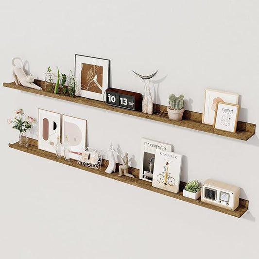 Axeman Floating Shelves | Picture Ledge Shelf Set of 2 | Rustic Brown Wall Shelves with Lip | Brown Picture Shelf for Wall with Ledge | Photo Ledges 55 Inch