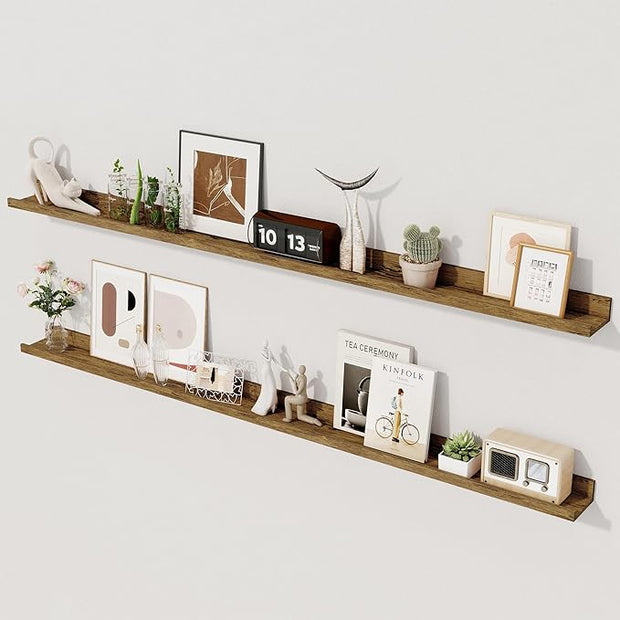 Axeman Floating Shelves | Picture Ledge Shelf Set of 2 | Rustic Brown Wall Shelves with Lip | Brown Picture Shelf for Wall with Ledge | Photo Ledges 55 Inch
