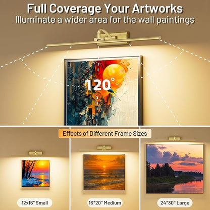 AIFEI Wireless Picture Lights for Wall Battery Operated, 8000mAh Long-Last Lights for Pictures on Wall, Remote & Touch, 3 Color Dimmable No Wiring Needed Art Light for Paintings Poster, 23.6" Brass