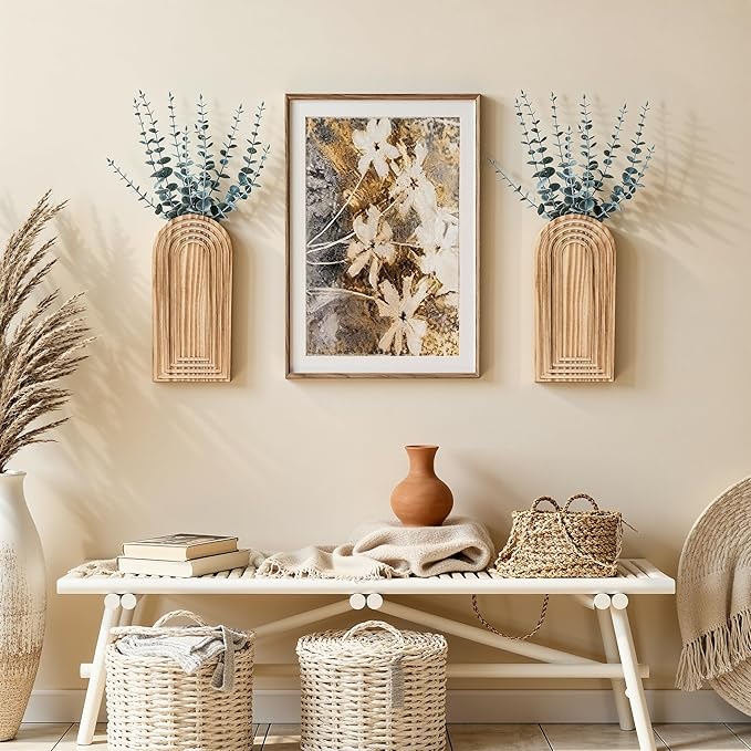 DREAMLOOM 2 Pack Wooden Wall Vases with Eucalyptus Artificial Plants, Wall Hanging Planters Boho Modern Farmhouse Indoor for Narrow Spaces Entryway Bathroom Home Office Decoration, White