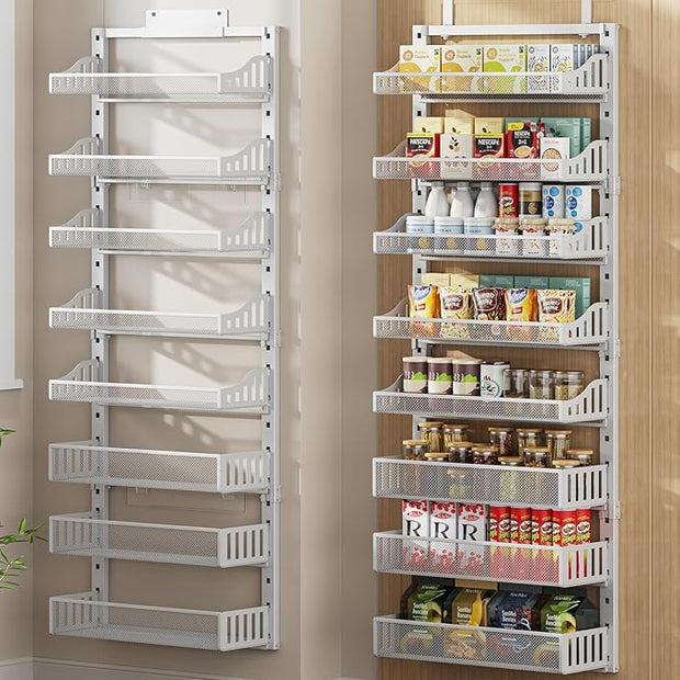 Over the Door Pantry Organizer 8-Tier, Large Metal Door Spice Rack with Adjustable Basket, 2 in 1 Wall Mount or Hanging Heavy-Duty Pantry Door Storage Shelf for Kitchen and Bathroom, White