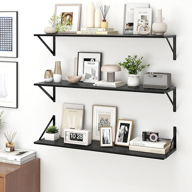 Fun Memories Deep Floating Shelves for Wall, 36W x 8D Wall Mounted Shelves Set of 2, Wide Display Ledge Shelf with Sturdy Metal Brackets for Living Room, Bathroom, Bedroom and Kitchen, Black