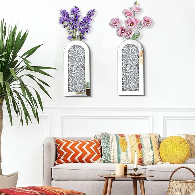 Crushed Diamond Mirrored Wall Decor Vase Crystal Silver Mirror Flower Vase Stunning Decor Glass Hanging Planter for Home Decor Living Room Dining Bedroom Hallway Wall Decor.Can't Hold Water(2 Set)