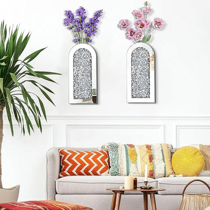 Crushed Diamond Mirrored Wall Decor Vase Crystal Silver Mirror Flower Vase Stunning Decor Glass Hanging Planter for Home Decor Living Room Dining Bedroom Hallway Wall Decor.Can't Hold Water(2 Set)