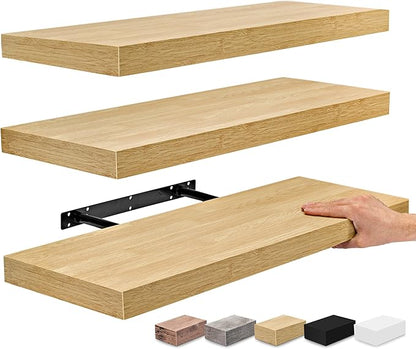 Sorbus Floating Shelves for Wall - 24" Bathroom Shelves, Wall Decor for Bedroom, Kitchen, Living Room, Home Decor & Book Storage - Mounted Floating Shelf with Invisible Brackets (Maple Wood, 3 Pack)