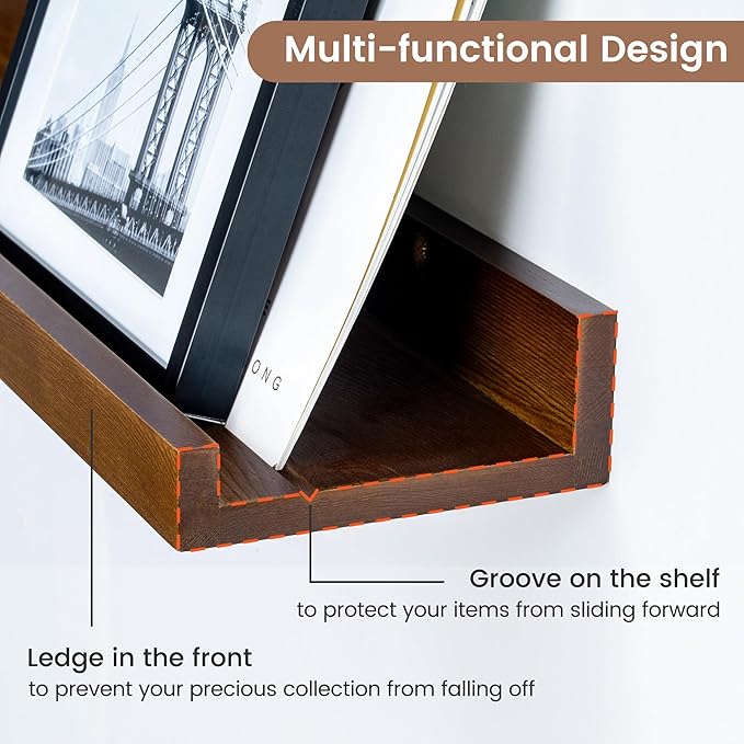 Picture Ledge Shelf, Floating Shelves Set of 2, Solid Ash Wood 56'' Long Large Nursery Book Shelves for Toys Storage, Kids Bookshelf for Living Room Bedroom Decor Books Photo Frames, Walnut
