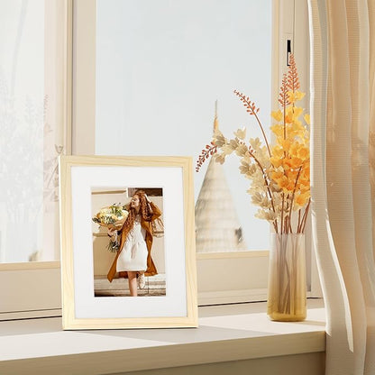 Vittanly 8x10 Picture Frame Set of 4, Display Pictures 5x7 with Mat or 8x10 without Mat, Engineered Wood with Shatter Resistant Plexiglass, Photo Frames for Wall or Tabletop Display, Natural Wood