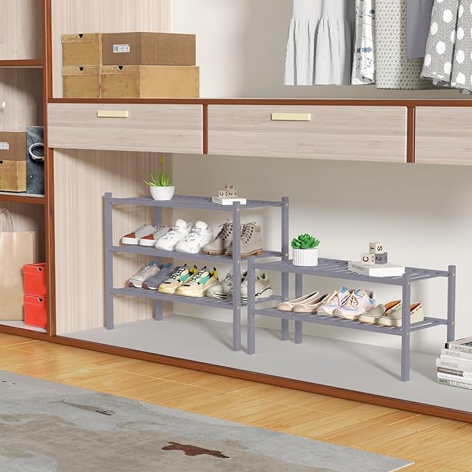 2 Tier Bamboo Shoe Rack for Closet Free Standing Wood Shoe Shelf for Entryway Small Space Stackable 27