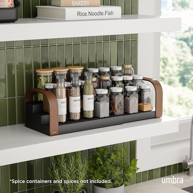 Umbra Bellwood Three-Tier Spice Shelf, Expandable Design Made of Durable Plastic and Wood, Black/Walnut