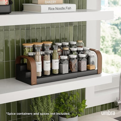 Umbra Bellwood Three-Tier Spice Shelf, Expandable Design Made of Durable Plastic and Wood, Black/Walnut