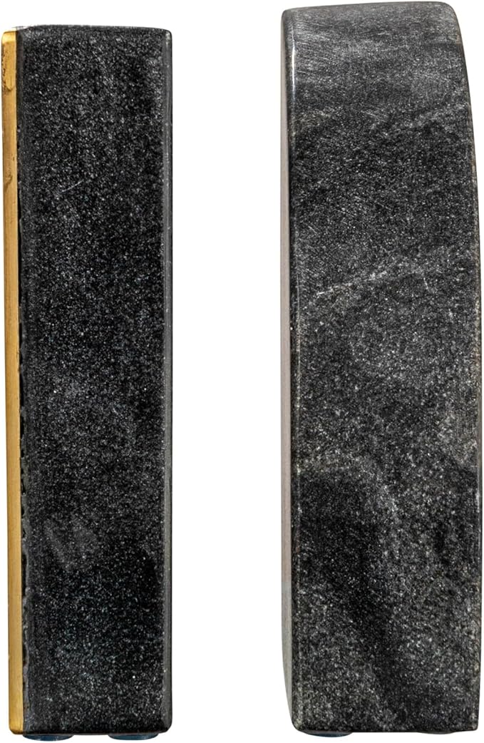 Boho Arched Semicircle Marble Bookends with Brass Detail, Set of 2, Black