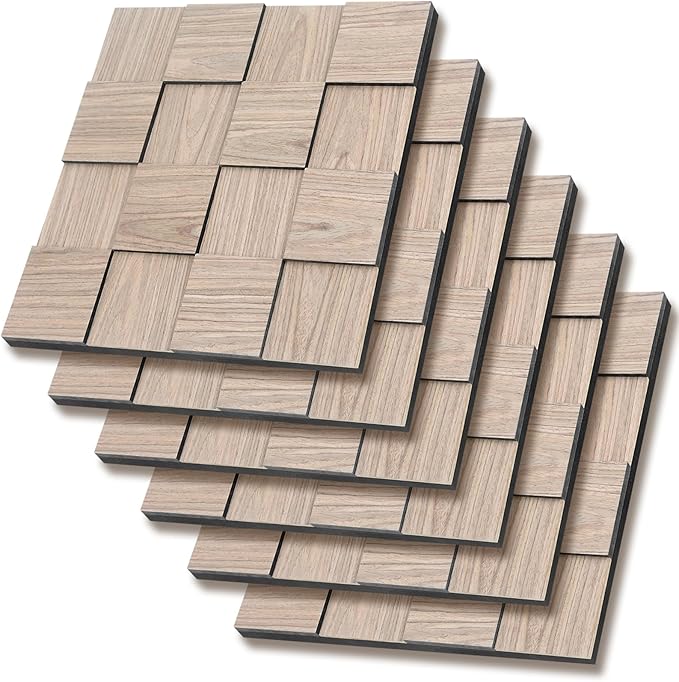 Checkerboard Acoustic Wall Panels – 6 Pack Walnut 3D Sound Absorbing Wall Panels 15.7” x 15.7” for Home & Apartment Interior Design, Checker Pattern Soundproof Decor Panels
