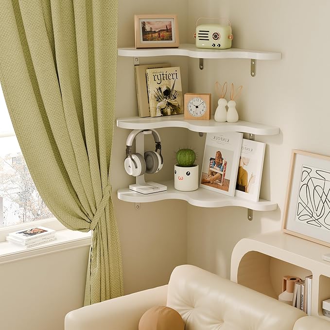 Cute Cloud Shelf Set of 3 - Wavy Floating Corner Shelves Wall Mounted, Corner Shelf Floating with Brackets, Nursery Shelves for Wall Decor, Bedroom,Living Room,Bathroom&Kids Room-White