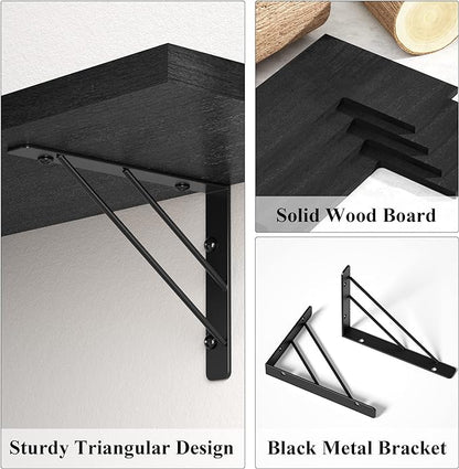 Love-KANKEI Corner Shelf Wall Mounted,Floating Wall Shelves for Storage,Rustic Wood Hanging Shelves for Display,Bathroom Kitchen Bedroom Living Room,Set of 4,Black