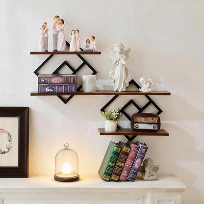 Set of 2 Floating Shelves Farmhouse Wall Shelves 2-Tier Decorative Hanging Shelves Wall Mounted Bathroom Shelves Wooden Wall Decor Shelf (Dark Brown)