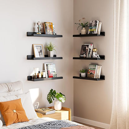 16’’Black Floating Shelves for Wall Set of 6,Rustic Wood Shelf for Room Decor/Storage/Display,Small Bookshelf,Wall Mounted Hanging Shelves for Bedroom, Bathroom, Living Room, Kitchen