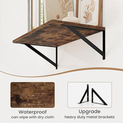 Heimlove Deep Floating Shelves for Wall, 16W x 8D Wood Wall Shelves Set of 2, Wide Floating Bookshelf for Living Room, Kitchen, Office, Bedroom and Decor Storage, with Metal Bracket - Rustic Brown