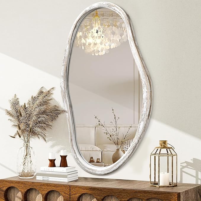 JJUUYOU Asymmetrical Mirror Modern Irregular 36"x24" Wall Mounted Mirror with Wooden Frame for Bathroom Bedroom Living Room Hallway Large Mirrors White
