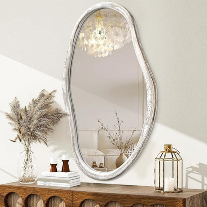 JJUUYOU Asymmetrical Mirror Modern Irregular 36"x24" Wall Mounted Mirror with Wooden Frame for Bathroom Bedroom Living Room Hallway Large Mirrors White