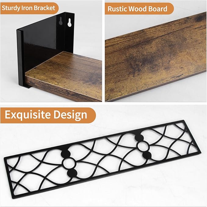 Black Floating Shelves with Removable Insert Plate Set of 3, Wooden Display Shelves, Rustic Decorative Wall Shelves for Living Room, Bedroom, Kitchen