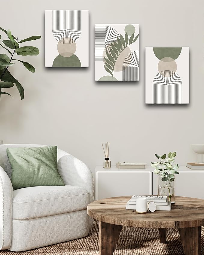 30x40CM Sage Green Boho Wall Art,Framed Canvas Bathroom Wall Art Pictures, Mid-Century Modern Wood Framed Abstract Prints for Bedroom,Minimalist Office Wall Decor 3Pack