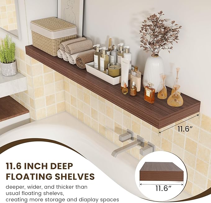 12 Inch Deep Floating Shelves | 55 Inch Walnut Floating Shelves | 55