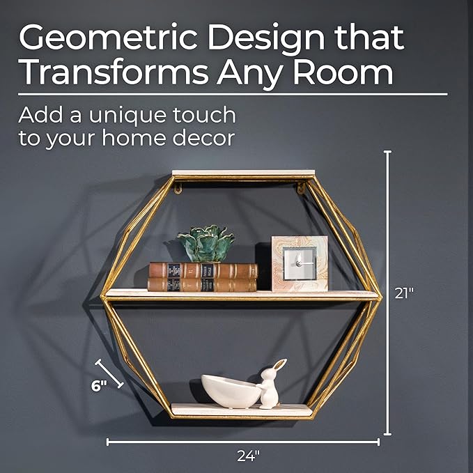 Geometric Decorative Wall Shelf with Gold Finish – 3-Tier Metal & Wood Home Decor Floating Display Shelf – Modern Wall Shelves for Bathroom, Bedroom & Living Room – 24"