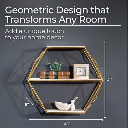 Geometric Decorative Wall Shelf with Gold Finish – 3-Tier Metal & Wood Home Decor Floating Display Shelf – Modern Wall Shelves for Bathroom, Bedroom & Living Room – 24"