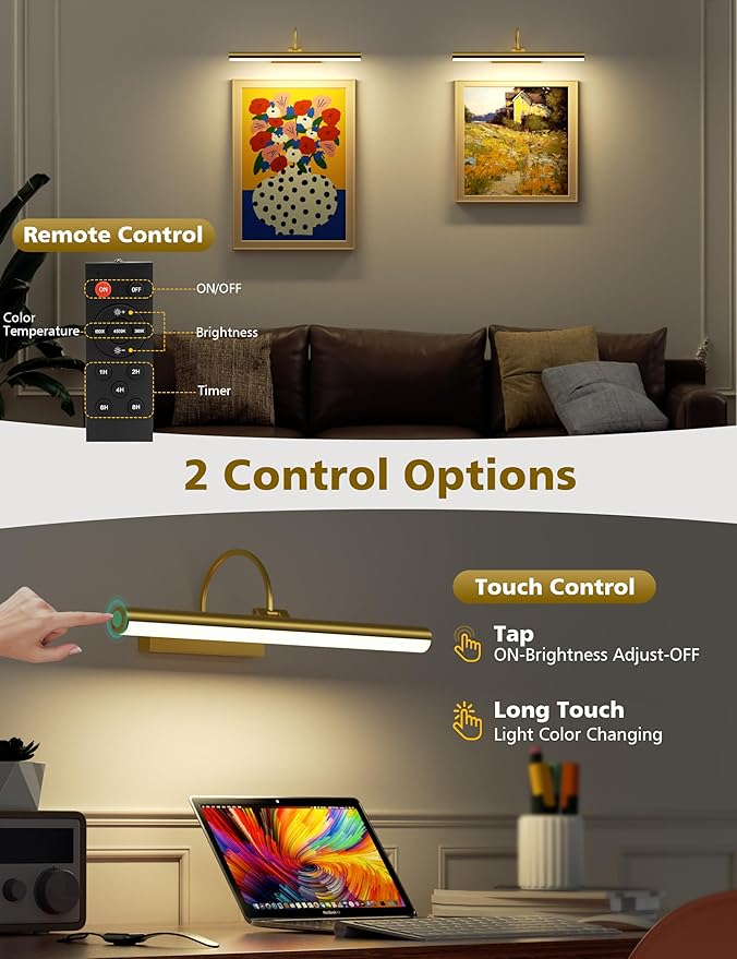 VOLISUN Picture Lights for Wall, 16 inch Rechargable Picture Light Battery Operated, 3 Color Temperatures Cordless Picture Light with Remote, Art Light for Paintings, Gallery, Portrait, 1 Pack (Gold)