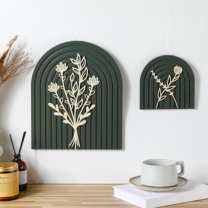Cinnvoice Set of 2 Wood Rainbow Arches Boho Decor Boho Rainbow Arch Rustic Farmhouse Art for Shelves Farmhouse Wall Decor Floral Mid Century Home Wall Art for Living Room Kitchen Bedroom(Green,Gold)
