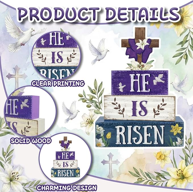 Easter Decorations, 4 Pcs Wooden Easter Table Decorations, He Is Risen Tiered Tray Decor, Wooden Table Sign for Desk Shelf Mantel Coffee Bar, Indoor Home Decor