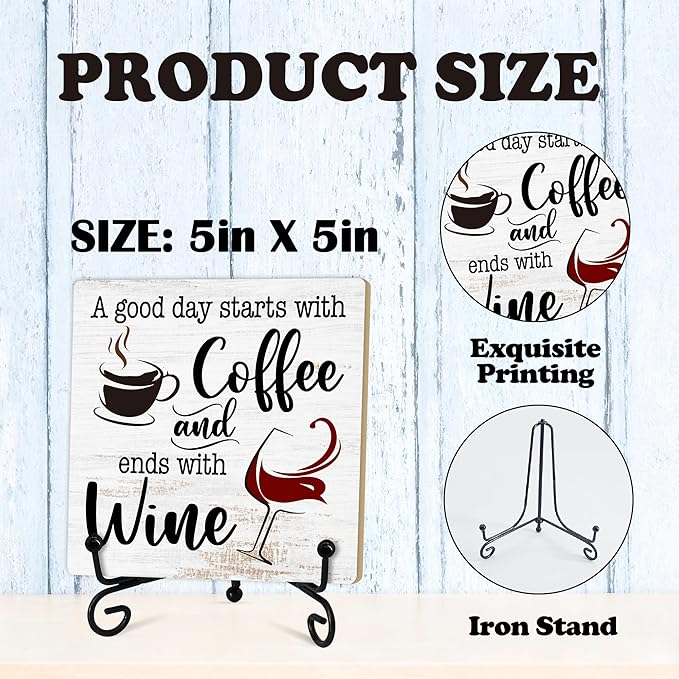 Coffee And Wine Desk Decor Sign, Rustic Wooden Sign With Stand, A Good Day Starts With Coffee And Ends With Wine Sign For Farmhouse Home Kitchen Bar Shelf Table, Gifts For Family Friend Coworker-03