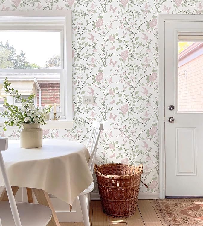 Floral Wallpaper Pink/Green Wallpaper Vintage Peel and Stick Wall Paper Boho Botanical Contact Paper for Cabinets Bird Butterfly Renter Friendly Self-Adhesive Bathroom Bedroom 78.7