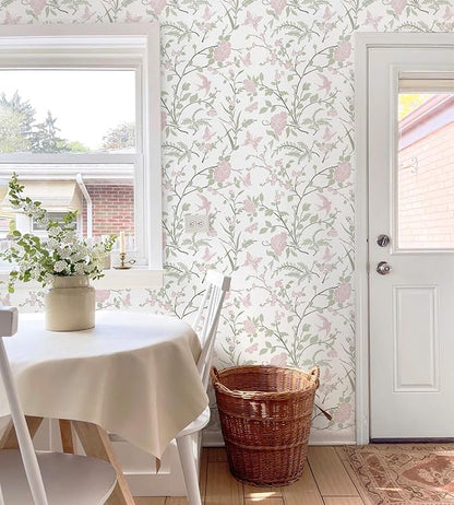 Floral Wallpaper Pink/Green Wallpaper Vintage Peel and Stick Wall Paper Boho Botanical Contact Paper for Cabinets Bird Butterfly Renter Friendly Self-Adhesive Bathroom Bedroom 78.7"×17.3"