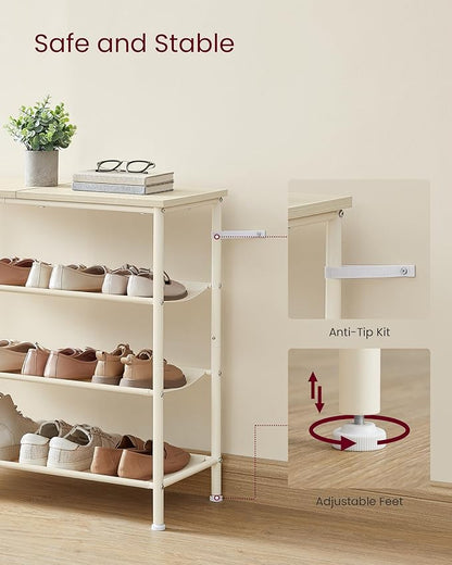 VASAGLE Shoe Rack, 4-Tier Shoe Storage Organizer for Entryway and Closet, Holds 9-12 Pairs of Shoes, 3 Fabric Shelves, Steel Frame, Modern, Natural Beige and Pearl White ULBS035K01