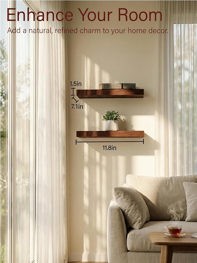 Solid Wood Floating Shelves,11.8in Finished Real Wood Wall Shelves with Heavy-Duty Hidden Bracket, Easy Installation, Set of 2, 11.8in x 7.1in x 1.5in, for Living Room Bedroom Kitchen,Walnut