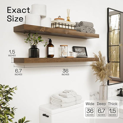 BAOBAB WORKSHOP Solid Wood Floating Shelves for Wall 36 Inches Long, Heavy Duty Wall Shelf for Bedroom 36 Inch Large, Real Wooden Bathroom Shelf Kitchen Rustic, Walnut Shelves, 36W × 6.7D, Set of 2